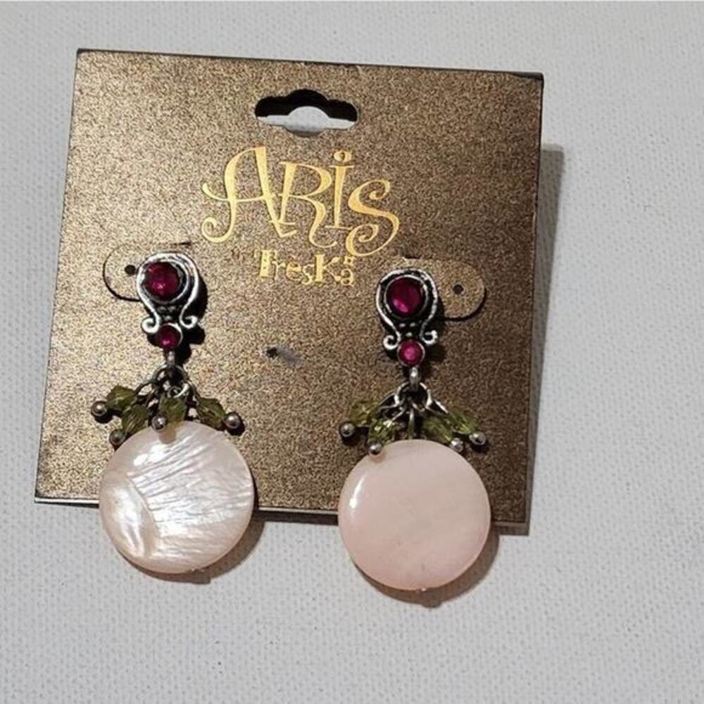 Aris by Treska Pink Shell Drop Earrings Magenta Rhinestone Olive Green Beads NEW